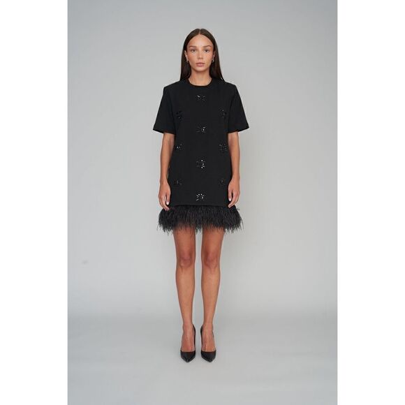 New Le Superbe Black Magic Dress with Gemstones and Ostrich Feathers - Picture 2 of 10